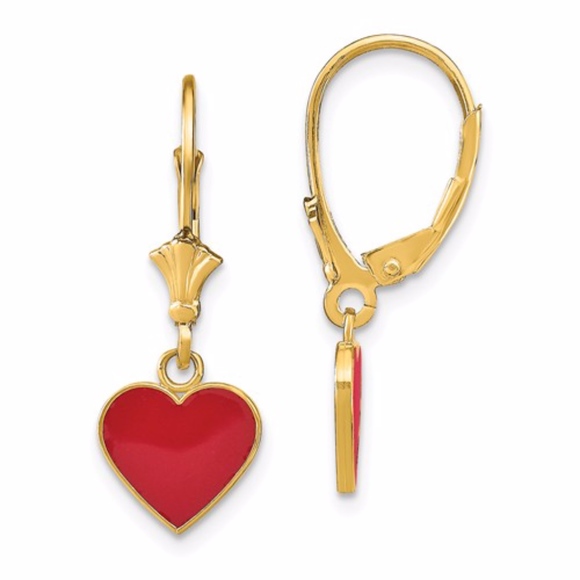 14K Heart Dangle Leverback Earrings